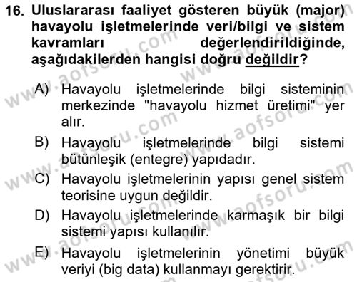 Havacılık İşletmelerinde Muhasebe Uygulamaları Dersi 2022 - 2023 Yılı (Final) Dönem Sonu Sınav Soruları 16. Soru