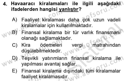 Havacılık İşletmelerinde Muhasebe Uygulamaları Dersi 2022 - 2023 Yılı (Final) Dönem Sonu Sınav Soruları 4. Soru
