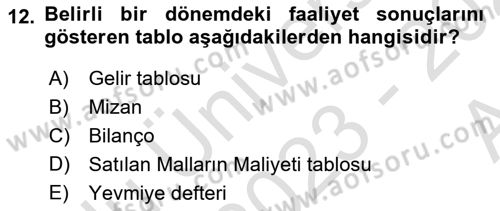 Havacılık İşletmelerinde Muhasebe Uygulamaları Dersi 2023 - 2024 Yılı (Vize) Ara Sınav Soruları 12. Soru
