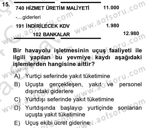 Havacılık İşletmelerinde Muhasebe Uygulamaları Dersi 2023 - 2024 Yılı (Vize) Ara Sınav Soruları 15. Soru