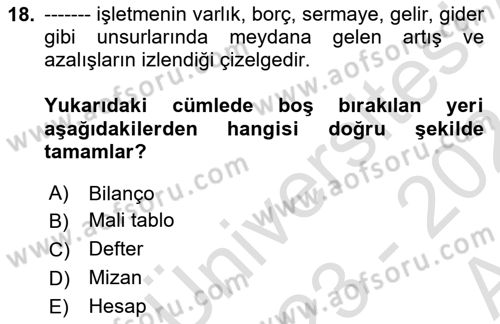 Havacılık İşletmelerinde Muhasebe Uygulamaları Dersi 2023 - 2024 Yılı (Vize) Ara Sınav Soruları 18. Soru