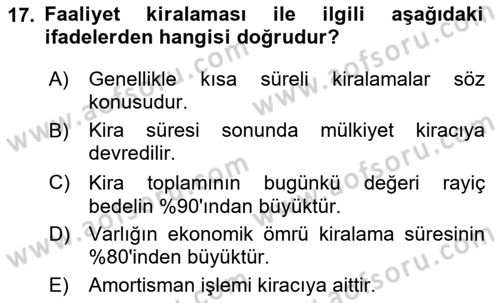 Havacılık İşletmelerinde Muhasebe Uygulamaları Dersi 2024 - 2025 Yılı (Final) Dönem Sonu Sınav Soruları 17. Soru