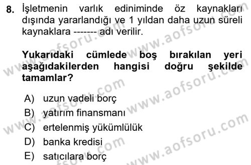 Havacılık İşletmelerinde Muhasebe Uygulamaları Dersi 2024 - 2025 Yılı (Final) Dönem Sonu Sınav Soruları 8. Soru