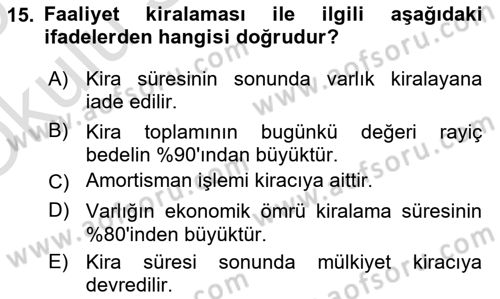 Havacılık İşletmelerinde Muhasebe Uygulamaları Dersi 2024 - 2025 Yılı Yaz Okulu Sınav Soruları 15. Soru