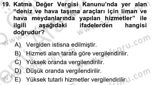 Havacılık İşletmelerinde Muhasebe Uygulamaları Dersi 2025 - 2026 Yılı (Vize) Ara Sınav Soruları 19. Soru