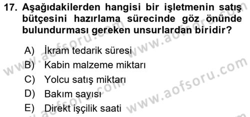 Havacılık İşletmelerinde Muhasebe Uygulamaları Dersi 2025 - 2026 Yılı (Final) Dönem Sonu Sınav Soruları 17. Soru