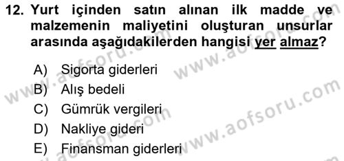 Sağlık Kurumlarında Maliyet Muhasebesi Dersi 2018 - 2019 Yılı 3 Ders Sınav Soruları 12. Soru