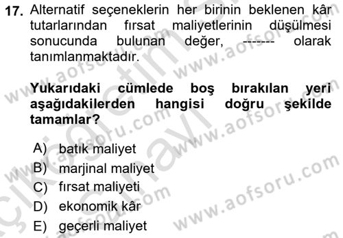 Sağlık Kurumlarında Maliyet Muhasebesi Dersi 2018 - 2019 Yılı 3 Ders Sınav Soruları 17. Soru