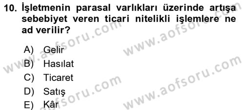 Sağlık Kurumlarında Maliyet Muhasebesi Dersi 2018 - 2019 Yılı (Vize) Ara Sınav Soruları 10. Soru