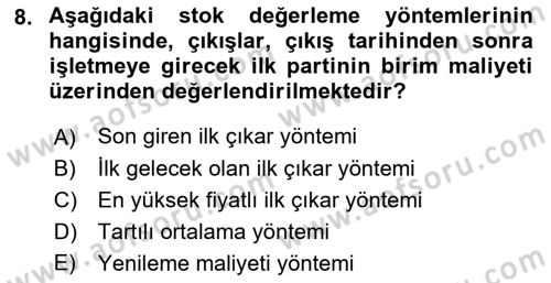 Sağlık Kurumlarında Maliyet Muhasebesi Dersi 2018 - 2019 Yılı (Final) Dönem Sonu Sınav Soruları 8. Soru