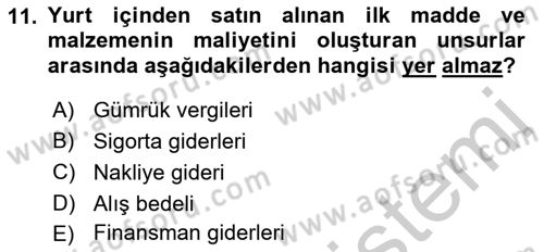 Sağlık Kurumlarında Maliyet Muhasebesi Dersi 2018 - 2019 Yılı Yaz Okulu Sınav Soruları 11. Soru