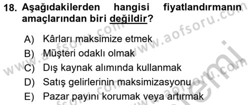 Sağlık Kurumlarında Maliyet Muhasebesi Dersi 2018 - 2019 Yılı Yaz Okulu Sınav Soruları 18. Soru