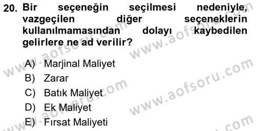 Sağlık Kurumlarında Maliyet Muhasebesi Dersi 2018 - 2019 Yılı Yaz Okulu Sınav Soruları 20. Soru