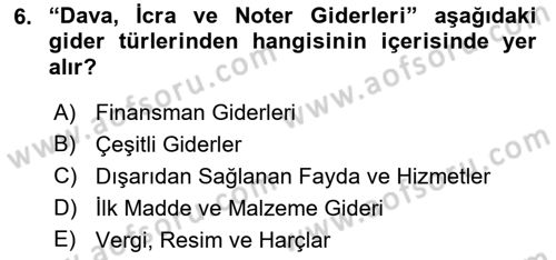 Sağlık Kurumlarında Maliyet Muhasebesi Dersi 2018 - 2019 Yılı Yaz Okulu Sınav Soruları 6. Soru