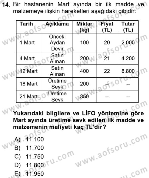 Sağlık Kurumlarında Maliyet Muhasebesi Dersi 2020 - 2021 Yılı Yaz Okulu Sınavı 14. Soru