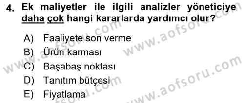 Sağlık Kurumlarında Maliyet Muhasebesi Dersi 2020 - 2021 Yılı Yaz Okulu Sınavı 4. Soru