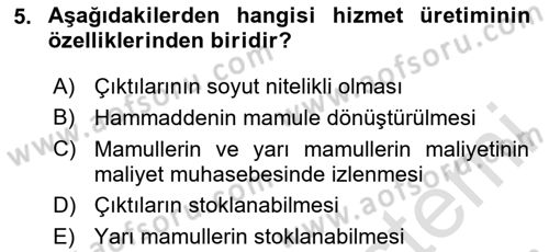 Sağlık Kurumlarında Maliyet Muhasebesi Dersi 2020 - 2021 Yılı Yaz Okulu Sınavı 5. Soru