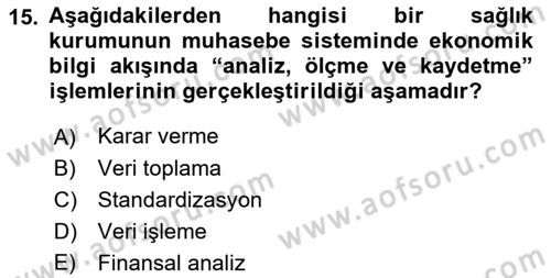 Sağlık Kurumlarında Maliyet Muhasebesi Dersi 2021 - 2022 Yılı (Vize) Ara Sınav Soruları 15. Soru