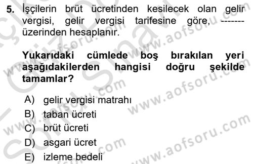 Sağlık Kurumlarında Maliyet Muhasebesi Dersi 2021 - 2022 Yılı (Final) Dönem Sonu Sınavı 5. Soru