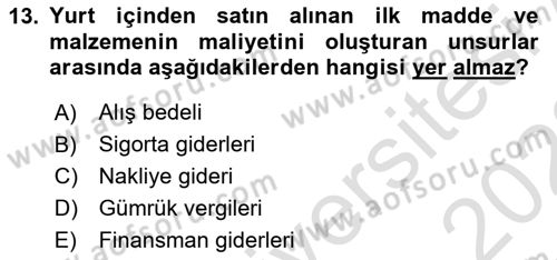 Sağlık Kurumlarında Maliyet Muhasebesi Dersi 2021 - 2022 Yılı Yaz Okulu Sınav Soruları 13. Soru