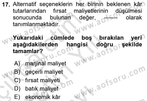 Sağlık Kurumlarında Maliyet Muhasebesi Dersi 2021 - 2022 Yılı Yaz Okulu Sınav Soruları 17. Soru