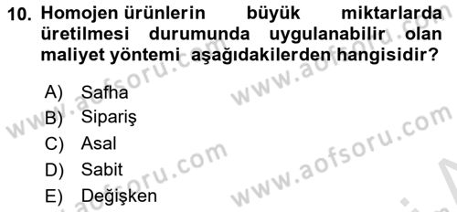 Sağlık Kurumlarında Maliyet Muhasebesi Dersi 2022 - 2023 Yılı (Vize) Ara Sınav Soruları 10. Soru