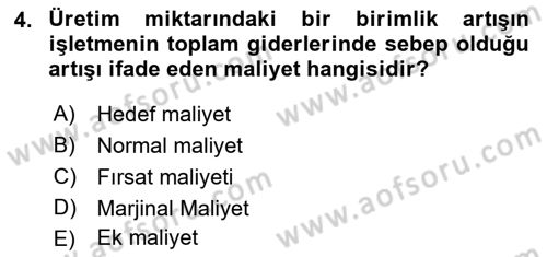 Sağlık Kurumlarında Maliyet Muhasebesi Dersi Ara Sınavı Deneme Sınav Soruları 4. Soru