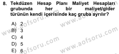 Sağlık Kurumlarında Maliyet Muhasebesi Dersi 2022 - 2023 Yılı (Vize) Ara Sınav Soruları 8. Soru