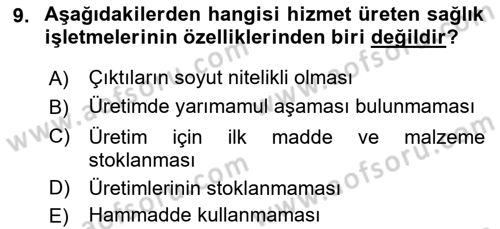 Sağlık Kurumlarında Maliyet Muhasebesi Dersi Ara Sınavı Deneme Sınav Soruları 9. Soru