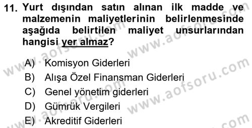 Sağlık Kurumlarında Maliyet Muhasebesi Dersi 2022 - 2023 Yılı (Final) Dönem Sonu Sınav Soruları 11. Soru