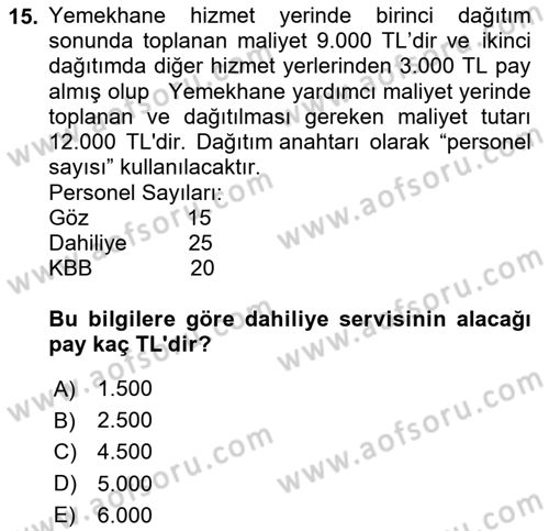 Sağlık Kurumlarında Maliyet Muhasebesi Dersi 2022 - 2023 Yılı (Final) Dönem Sonu Sınav Soruları 15. Soru