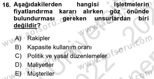 Sağlık Kurumlarında Maliyet Muhasebesi Dersi 2022 - 2023 Yılı (Final) Dönem Sonu Sınav Soruları 16. Soru