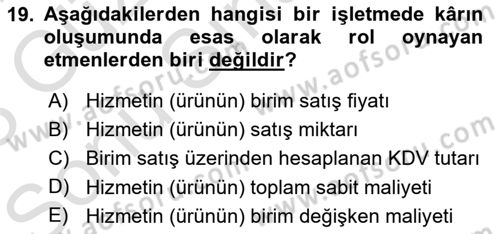 Sağlık Kurumlarında Maliyet Muhasebesi Dersi 2022 - 2023 Yılı (Final) Dönem Sonu Sınav Soruları 19. Soru