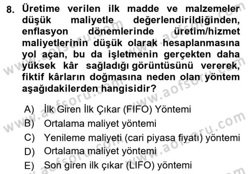 Sağlık Kurumlarında Maliyet Muhasebesi Dersi 2022 - 2023 Yılı (Final) Dönem Sonu Sınav Soruları 8. Soru