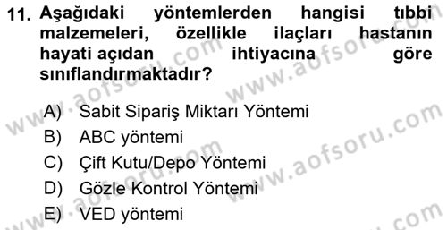 Sağlık Kurumlarında Maliyet Muhasebesi Dersi 2022 - 2023 Yılı Yaz Okulu Sınav Soruları 11. Soru