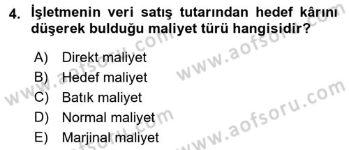 Sağlık Kurumlarında Maliyet Muhasebesi Dersi 2022 - 2023 Yılı Yaz Okulu Sınav Soruları 4. Soru
