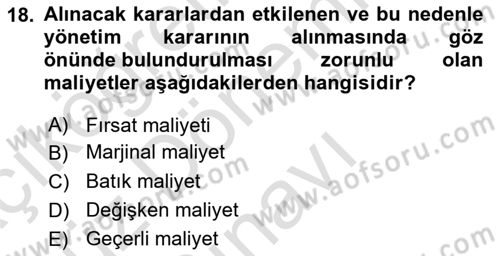 Sağlık Kurumlarında Maliyet Muhasebesi Dersi 2023 - 2024 Yılı (Final) Dönem Sonu Sınav Soruları 18. Soru
