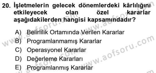 Sağlık Kurumlarında Maliyet Muhasebesi Dersi 2023 - 2024 Yılı (Final) Dönem Sonu Sınav Soruları 20. Soru