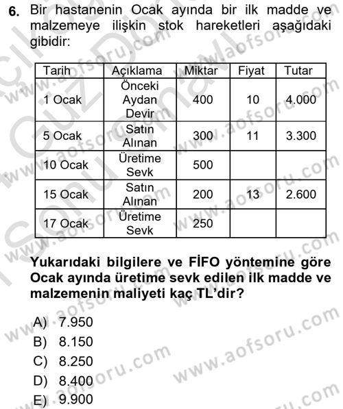 Sağlık Kurumlarında Maliyet Muhasebesi Dersi 2023 - 2024 Yılı (Final) Dönem Sonu Sınav Soruları 6. Soru