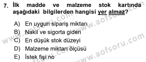 Sağlık Kurumlarında Maliyet Muhasebesi Dersi 2023 - 2024 Yılı (Final) Dönem Sonu Sınav Soruları 7. Soru