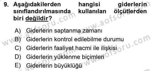 Sağlık Kurumlarında Maliyet Muhasebesi Dersi 2023 - 2024 Yılı Yaz Okulu Sınav Soruları 9. Soru