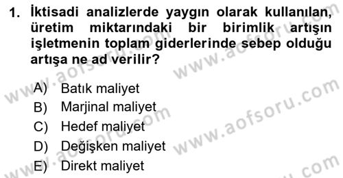 Sağlık Kurumlarında Maliyet Muhasebesi Dersi 2024 - 2025 Yılı (Vize) Ara Sınav Soruları 1. Soru