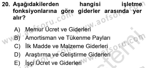 Sağlık Kurumlarında Maliyet Muhasebesi Dersi 2024 - 2025 Yılı (Vize) Ara Sınav Soruları 20. Soru