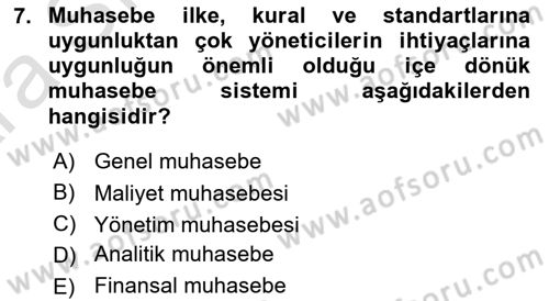 Sağlık Kurumlarında Maliyet Muhasebesi Dersi 2024 - 2025 Yılı (Vize) Ara Sınav Soruları 7. Soru
