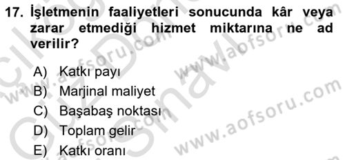 Sağlık Kurumlarında Maliyet Muhasebesi Dersi 2024 - 2025 Yılı (Final) Dönem Sonu Sınav Soruları 17. Soru