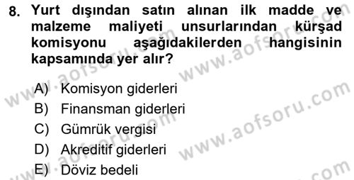 Sağlık Kurumlarında Maliyet Muhasebesi Dersi 2024 - 2025 Yılı (Final) Dönem Sonu Sınav Soruları 8. Soru