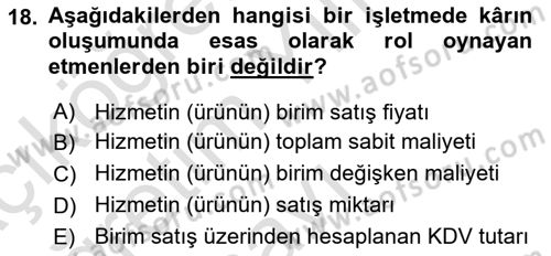 Sağlık Kurumlarında Maliyet Muhasebesi Dersi 2024 - 2025 Yılı Yaz Okulu Sınav Soruları 18. Soru