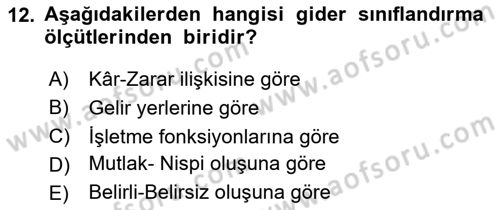 Sağlık Kurumlarında Maliyet Muhasebesi Dersi 2025 - 2026 Yılı (Vize) Ara Sınav Soruları 12. Soru