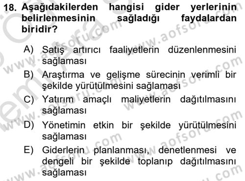 Sağlık Kurumlarında Maliyet Muhasebesi Dersi 2025 - 2026 Yılı (Vize) Ara Sınav Soruları 18. Soru