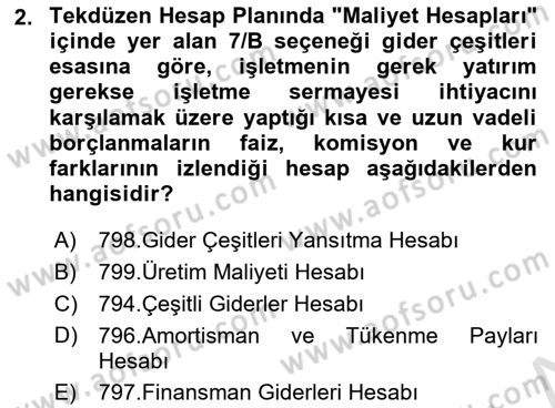 Sağlık Kurumlarında Maliyet Muhasebesi Dersi 2025 - 2026 Yılı (Vize) Ara Sınav Soruları 2. Soru